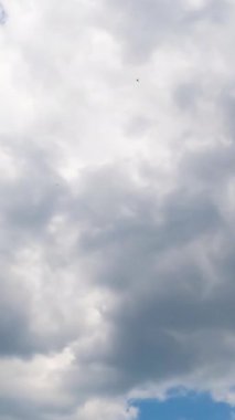 Atmosferde gri bulutların birikmesi. Düşük açılı bulutlar. Düşük açı. Zaman ayarlı. Dikey video