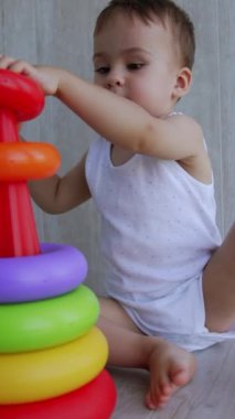 Neşeli Kafkasyalı çocuk oyuncak piramidini ezici bir şekilde birleştiriyor. Çocuk plastik yüzükleri alır ve onları heyecanla yere vurmaya başlar. Dikey video