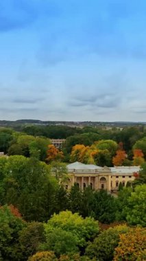 Yüksek ağaçlar arasında güzel bir saray olan park yeri. Tarlalar arka planda. Arka planda bulutlu bir gökyüzü. Üst Manzara. Dikey video