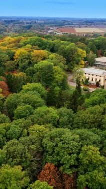 Güzel yeşil parktaki tarihi saray. Şehir manzarası ve tarımsal alanlar. Hava görüntüsü. Dikey video