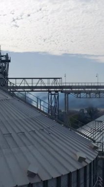 Gökyüzü arka planında modern tahıl asansörleri. Dışarıda büyük depolama tankları var. Tarım ürünlerini depolamak için metal ambarlar. Hava görüntüsü. Dikey video