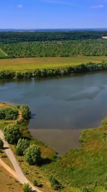 Ukrayna kırsalının güzel doğası. Yaz mevsiminde verimli tarlalar ve yeşil ormanlar arasında akan nehir. Üst Manzara. Dikey video