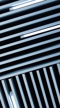 Oda dekorunun elementi olarak beyaz gün ışığı lambaları. Tavanın beyaz kalasları ve aydınlatmasıyla alışılmadık bir tasarımı var. Dikey video