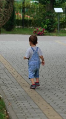 Asfalt yolda yürüyen kot pantolonlu bir bebeğin arka manzarası. Küçük çocuk elinde parkın yanından geçen bir şeyi işaret ediyor. Dikey video