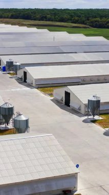 Modern, metal, prefabrik çiftlik binası. Prefabrik çiftlik binası. Kümes hayvanları çiftliğinin yukarıdan görünüşü. Dikey video