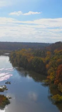 Sonbaharda göz kamaştırıcı bir nehir ve orman. Sonbaharda nehir ve ormanın üzerinde uçmak