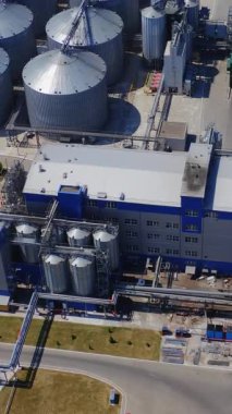 Endüstriyel tahıl asansörü Büyük tahıl ambarının hava aracı görüntüsü. Dikey video