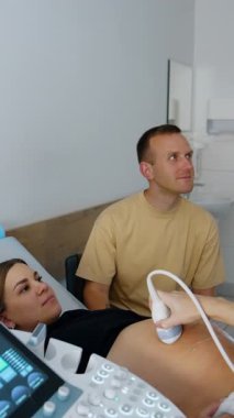 Esmer kadın doktor, ultrasonik makinenin ekranına bakıyor. Doktor, sağlık kontrolündeki çifte bebek gelişimi hakkında yorum yapıyor. Dikey video