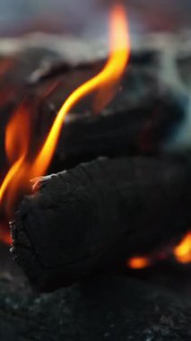 Odunlarla yanan şenlik ateşi. Koyu arka planda yanan ateş kıvılcımları