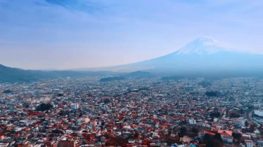 Tokyo, Japonya 'nın şehir manzarasında birden fazla ev. Arkaplanda karlı tepesi olan güzel Fuji Dağı. Hava görünümü.