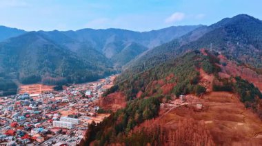 Şehir manzarasını çevreleyen dağları kaplayan çam ağaçları. Japonya 'daki Fuji Dağı' na hava perspektifi. Üst görünüm.