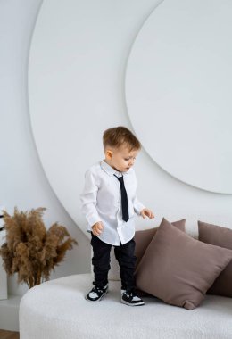 Resmi giyinmiş genç çocuk içeride oynuyor. Beyaz gömlekli ve siyah kravatlı genç bir çocuk açık renkli, modern bir odada, dekoratif bitkilerle dolu bir koltukta duruyor..