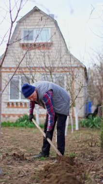 Çalışkan erkek çiftçi bahçesinde toprağı kazıyor. İnsanoğlu toprağı bahar işleri ve ekime hazırlar. Dikey video.