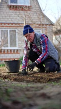 Kareli gömlekli beyaz adam bir ağaç dikti. Evin yakınına ağaç dikiyorum. Dikey video.