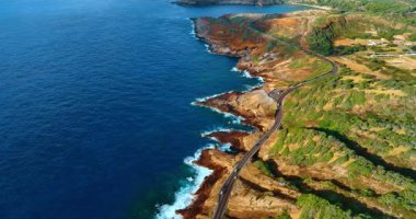 Otobanın üstündeki görüntüler Pasifik Okyanusu kıyısındaki kayalık manzaranın yanından geçiyor. Hawaii, ABD kıyı şeridinin inanılmaz manzarası..