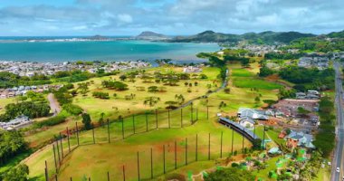 Pasifik Okyanusu kıyısındaki evlerle çevrili pitoresk spor alanları. Hawaii 'de golf sahası, ABD' de mavi su manzarasının arka planında. Üst görünüm.