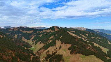 Resimli dağların sakin manzarası ve çam ağaçları büyüyor. Gündüz Rocky arka planı. Bavyera, Almanya. Hava görünümü.