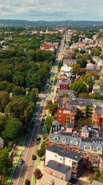 Cambridge, Massachusetts, ABD 'deki alçak binaların çatılarında yükseliyor. Güneşli bir günde tepeden yeşil şehir manzarası. Dikey video