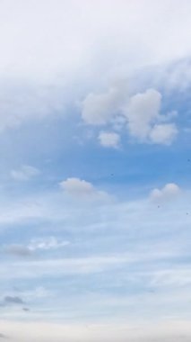 Gökyüzünde hareket eden sirus ve kümülüs bulutları. Düşük açıdan güzel bir ufuk. Zaman ayarlı. Dikey video