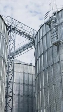 Tarım tahıl tankları. Büyük endüstriyel çelik asansör konteynerleri. Dikey video