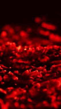 Kamp ateşindeki odun yanmış ve kömür hala sıcak. Kırmızı kömür parlıyor. Kapatın. Dikey video