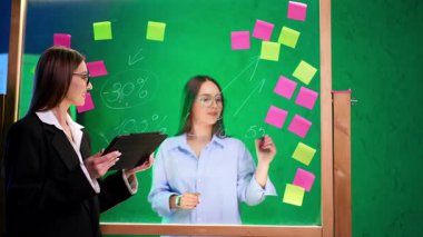 Siyah ceket giyen ve elinde tablet olan esmer iş kadını cam tahtada duruyor. Beyaz gömlekli kadın tahtaya numara yazıyor..