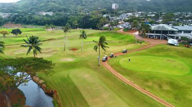 Golf sahasında yetişen bir palmiye ağacına yaklaşıyoruz. Patikada dört golf arabası var. Oyuncular sahaya..