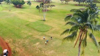 Sahada golf oynayan dört adam. Hawaii, ABD 'deki oyunculara hava perspektifi.