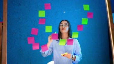 Ofisteki kadın notları. Gözlüklü bir kadın, modern ofis ortamında mavi bir duvarda fikirleri düzenlemek için yapışkan notlar kullanır..