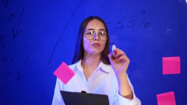 Gözlüklü ve beyaz gömlekli güzel bir bayan cam bir tahtanın yanına gelir. Elinde bir not panosu olan odaklanmış bir kadın bir kalemle yazar. İş konsepti.