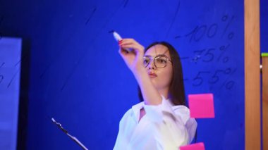 Gözlüklü, kendine güveni tam bir kadın, cam tahtada kalemle yazar. Finans sunumu yapan bir iş kadınının portresi.