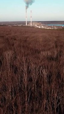 Elektrik santrali sonbaharda nehrin ve ormanın arka planında çalışıyor. Hava görünümü Dikey video