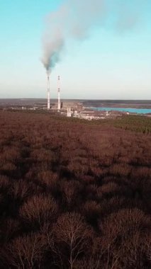 Enerji santrali sonbaharda orman ve nehrin yakınında faaliyet gösteriyor. Hava görünümü Dikey video