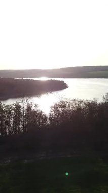 Yazın günbatımında sakin bir nehrin arka planındaki orman manzarası. Hava görünümü Dikey video