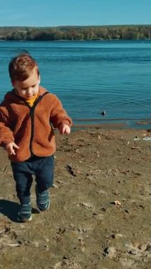 Aktif beyaz çocuk güneşli bir sonbahar gününde nehir kıyısında vakit geçiriyor. Çocuk taşı aldı ve suya attı. Dikey video