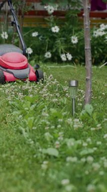Bahçesinde çim biçen kadın elektrikli çim biçme makinesiyle çim biçiyor. Dikey video