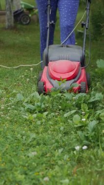 Bir kadın bahçedeki çitin yanında çim biçme makinesiyle çim biçiyor.
