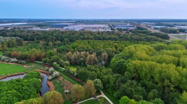 Çeşitli ağaçlarla dolu büyük, güzel, yeşil bir park. Depolar ve otoyollar. Arka planda arabalar var. Hava perspektifi.