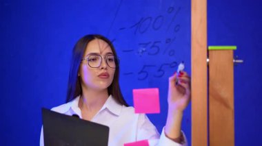 Gözlüklü ve beyaz gömlekli esmer kadın cam duvara yüzde yüz rakamlar yazıyor. Yönetim, iş planlama ve analiz.