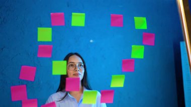 Gözlüklü gülümseyen beyaz kadın cam duvara renkli yapışkan notlar yapıştırıyor. Tahtaya notlar yerleştiriyorum. İş konsepti, yapılacaklar listesi.