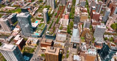 Bir sürü yeşilliği olan modern bir şehrin mahallesi. Güneşli bir günde Şikago, Illinois, ABD 'nin manzarasına hava perspektifi.