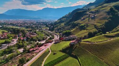 Güneşli Bolzano Panoraması, Güney Tyrol, İtalya 'da çok sayıda üzüm bağı var. Arkaplanda dağların silueti olan güzel şehrin üzerindeki drone görüntüleri..