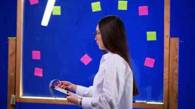 Beyaz gömlekli ve gözlüklü esmer kadın ellerinde panoyla cam duvarda dikiliyor. Sunuma hazırlanıyorum..