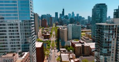 Yeşil ağaçların büyüdüğü uzun düz bir cadde. Chicago, Illinois, ABD şehir merkezine giden yol üzerinde..