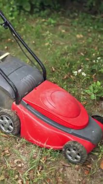 İş sırasında elektrikli çim makinesi. İşçi yazın arka bahçede çim kesiyor. Bahçe işleri. Dikey video