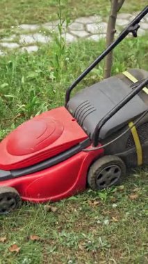 Çocuk çim biçme makinesiyle çalışıyor. Elektrikli çim biçme makinesi bahçede çim biçiyor. Bahçe işleri. Dikey video