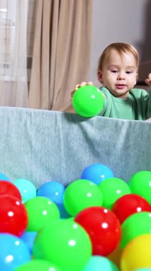 Mutlu çocuk yumuşak havuza top atıyor. Heyecanlı çocuk kasıtlı olarak havuza tırmanıyor. Kara kedi arka planda bebeği merdivenlerden izliyor. Dikey video