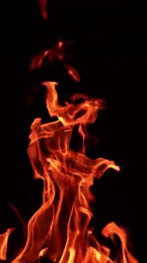 Geceleri kamp ateşinin üst kısmı yanıyor. Uzun, ince alevler hızla hareket ediyor. Kapatın. Siyah zemin. Dikey video