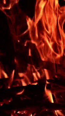 Kamp ateşinin yandığını ve hipnotize edici bir şekilde hareket ettiğini görmek huzur verici. Sıcak bir ateşte yanan odun parçaları. Kapatın. Dikey video