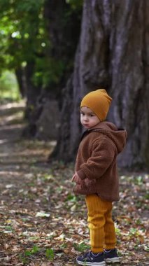 Sakin, ciddi, sıcak kıyafetler giyen erkek bebek parkta duruyor. Çocuk sonunda gülümsedi ve uzaklaştı. Dikey video